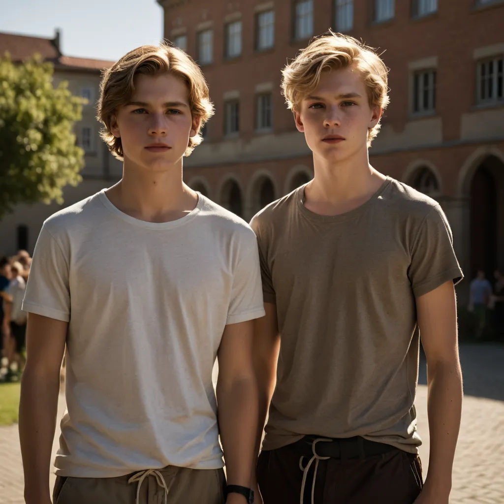two young men standing next to each other in front of a building with a clock on it's face, aestheticism, a photocopy, Caspar Wolf, perfect symmetry