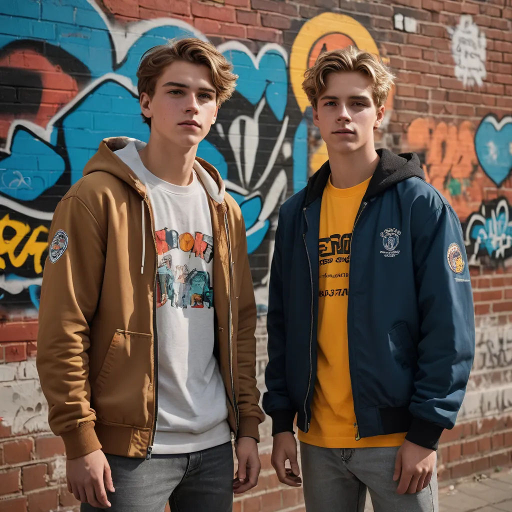 two young men standing next to each other in front of a wall with graffiti on it and a brick wall behind them, barbizon school, a picture, Christian Hilfgott Brand, tech wear
