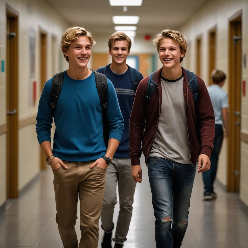 three young men walking down a hallway together in a hallway of a school building, one of them is wearing a blue sweater and the other is wearing a brown, vancouver school, a stock photo, Evan Charlton, promotional image