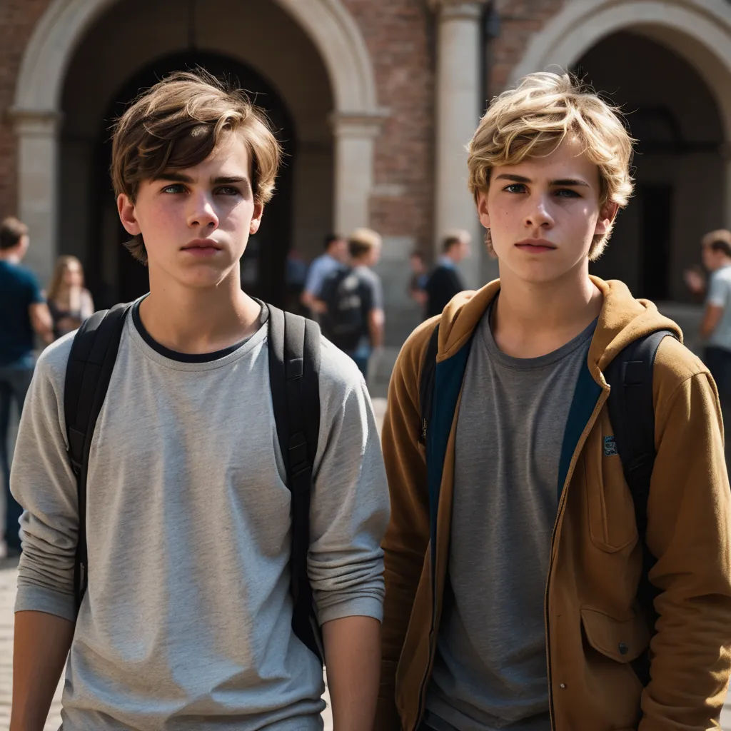 two young men standing next to each other in front of a building with arches and arches on it's sides, neoism, a flemish Baroque, Caspar Wolf, young