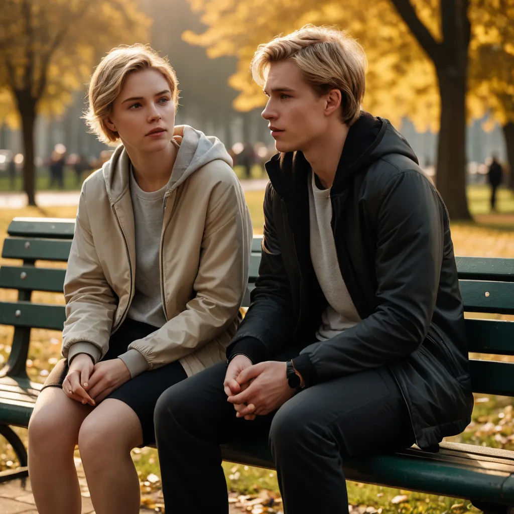 a man and a woman sitting on a bench in a park together, looking at each other, with a park bench in the background, aestheticism, a renaissance painting, Christopher Wood, promotional image