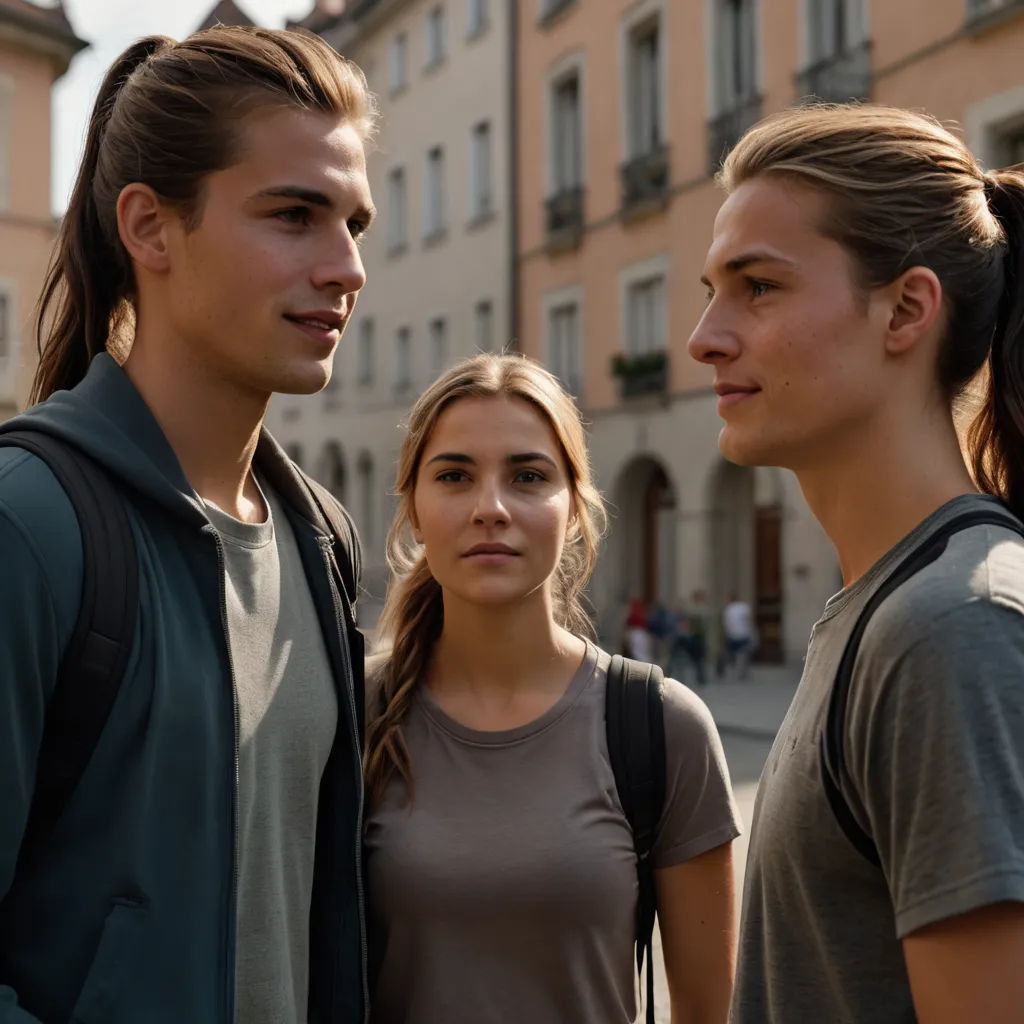 a man and two women standing in front of a building with a street in the background and a building with a clock tower, viennese actionism, a stock photo, Fabien Charuau, promotional image