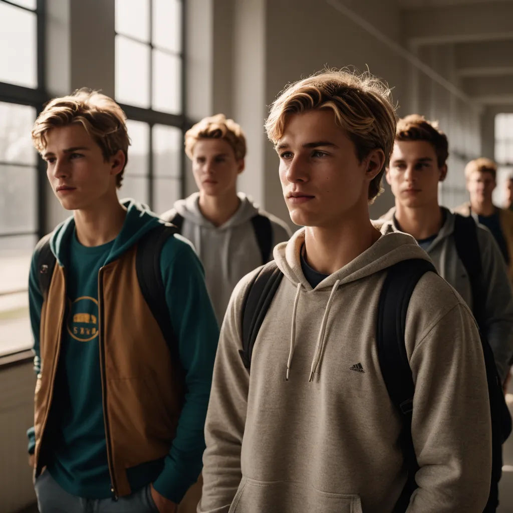a group of young men standing next to each other in a hallway with windows and a wall behind them, vancouver school, a stock photo, Daniel Lieske, movie still