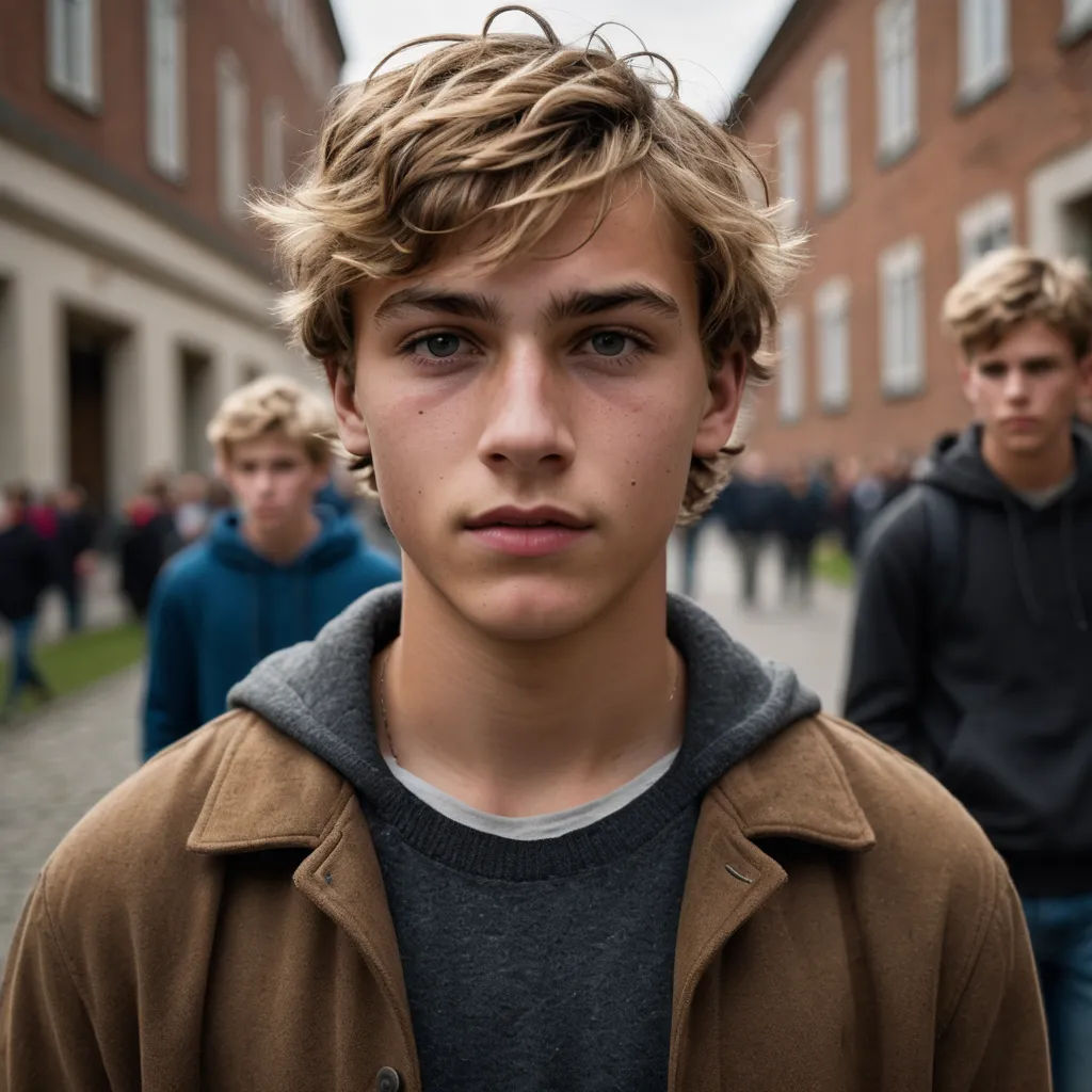 a young man standing in front of a group of people on a street with buildings in the background and a few people walking by, arbeitsrat für kunst, a character portrait, Christen Købke, promotional image