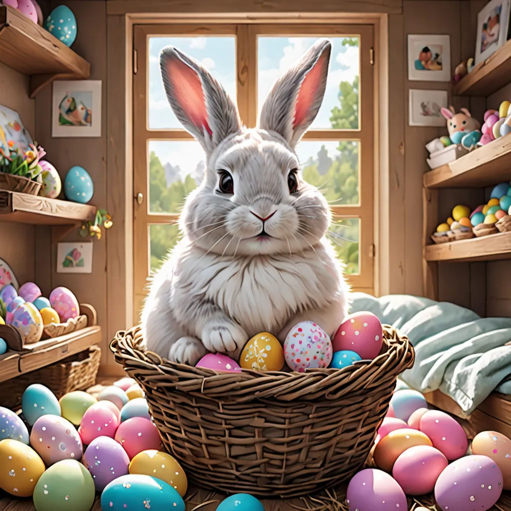 a painting of a bunny sitting in a basket with eggs in front of him and a window behind it, photorealism, a digital rendering, Chris LaBrooy, highly detailed digital painting