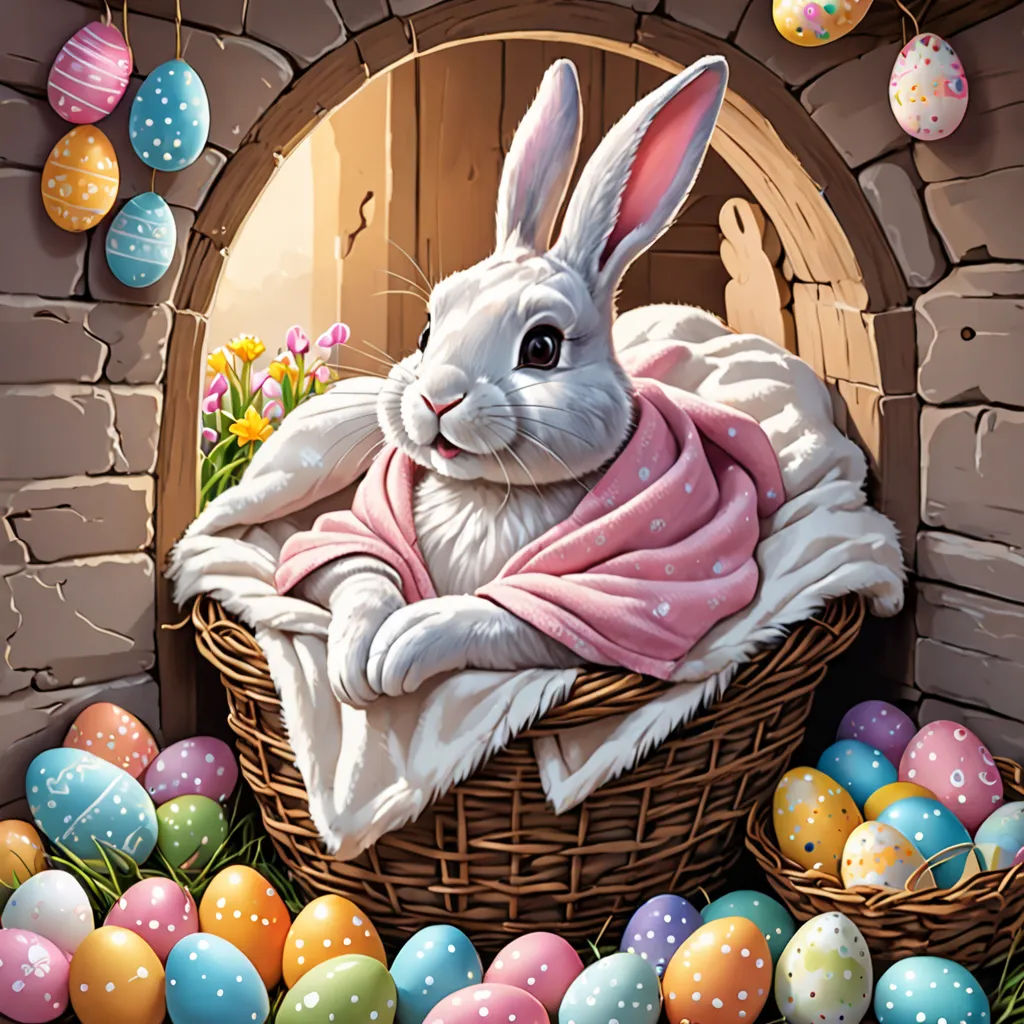 a painting of a rabbit in a basket with eggs around it and a brick wall behind it with a door, furry art, a digital painting, Dan Mumford, highly detailed digital painting