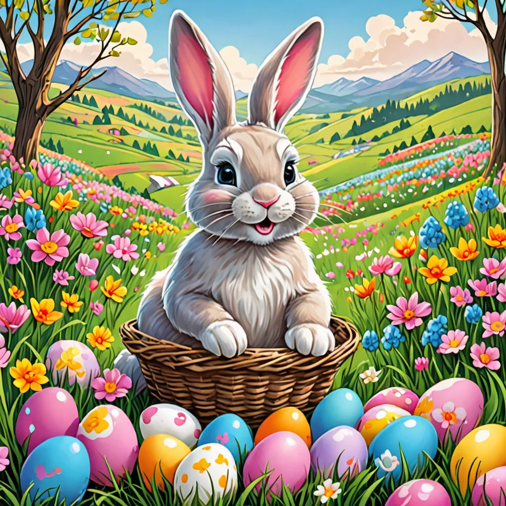 a painting of a bunny sitting in a basket with eggs in a field of flowers and trees in the background, pop surrealism, a digital rendering, Dan Mumford, official art