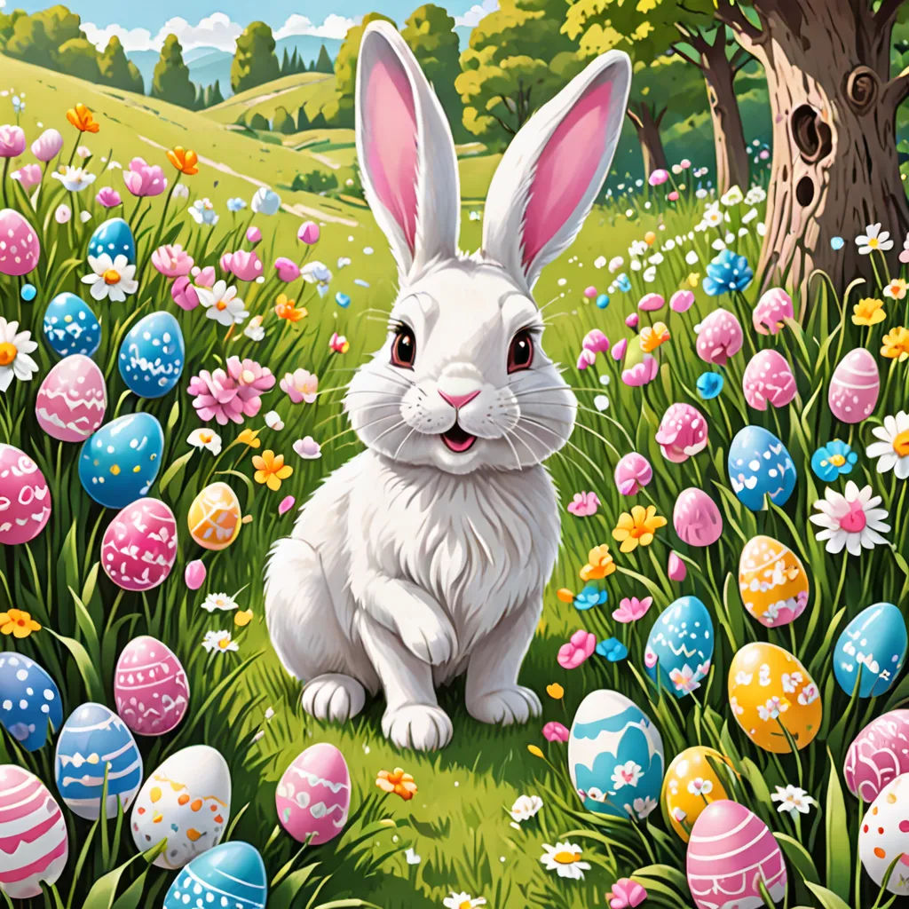 a painting of a bunny sitting in a field of eggs with a tree in the background and flowers in the foreground, naive art, a digital rendering, Drew Struzan, official art