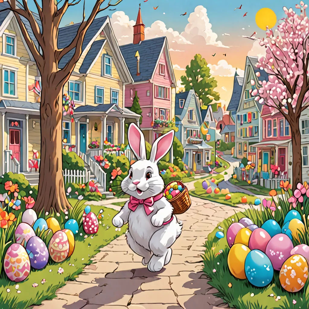 a cartoon bunny running down a street with eggs in the grass and trees in the background, with a house in the background, naive art, a digital rendering, Chris LaBrooy, official art