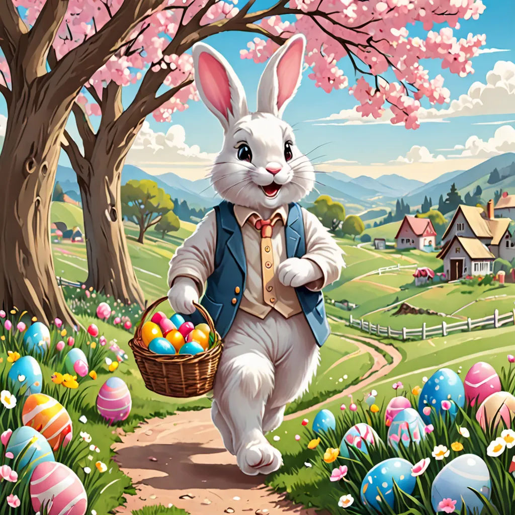 a painting of a bunny carrying a basket of eggs on a path to a farm with a tree and a house, naive art, a storybook illustration, Dan Mumford, highly detailed digital painting