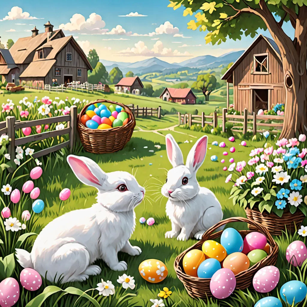 a painting of two rabbits in a field with eggs and flowers in front of a house and a tree, naive art, a detailed painting, Anne Stokes, highly detailed digital painting