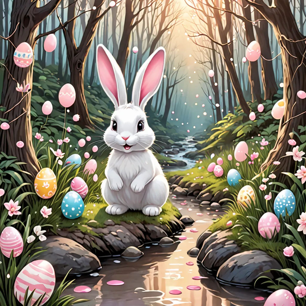 a painting of a white rabbit sitting on a rock in a forest with eggs around it and a stream running through it, fantasy art, a storybook illustration, Anne Stokes, rossdraws global illumination