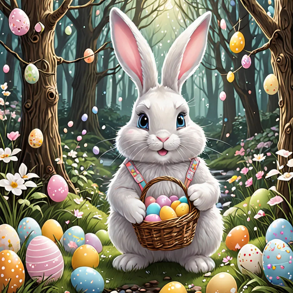 a painting of a bunny holding a basket of eggs in a forest with flowers and eggs all around it, furry art, a digital rendering, Anne Stokes, highly detailed digital painting