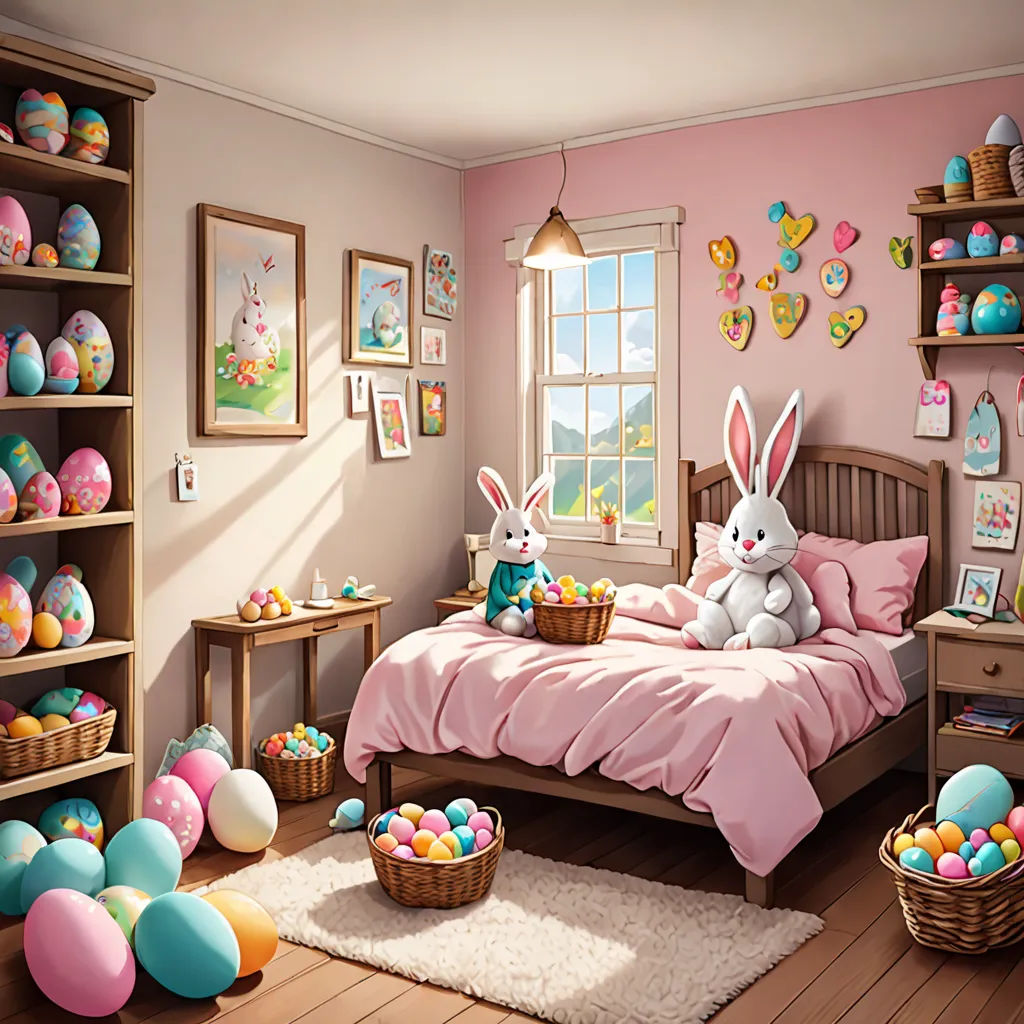 a bedroom with a bed, a desk, and a window with easter decorations on it and a stuffed bunny sitting on the bed, photorealism, a detailed matte painting, Chris LaBrooy, highly detailed digital painting