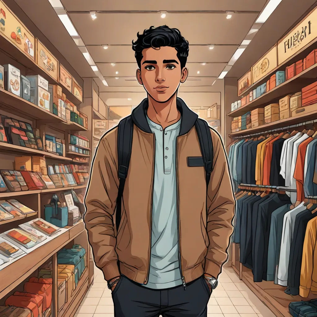 a man standing in a store with a backpack on his back and a book case in the background with books on the shelves, Everett Warner, sots art, concept art, official art
