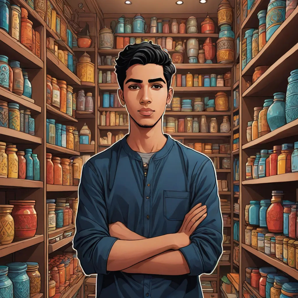 a man standing in front of a shelf filled with jars and jars of different colors and sizes, with his arms crossed, Amir Zand, qajar art, a character portrait, comic cover art