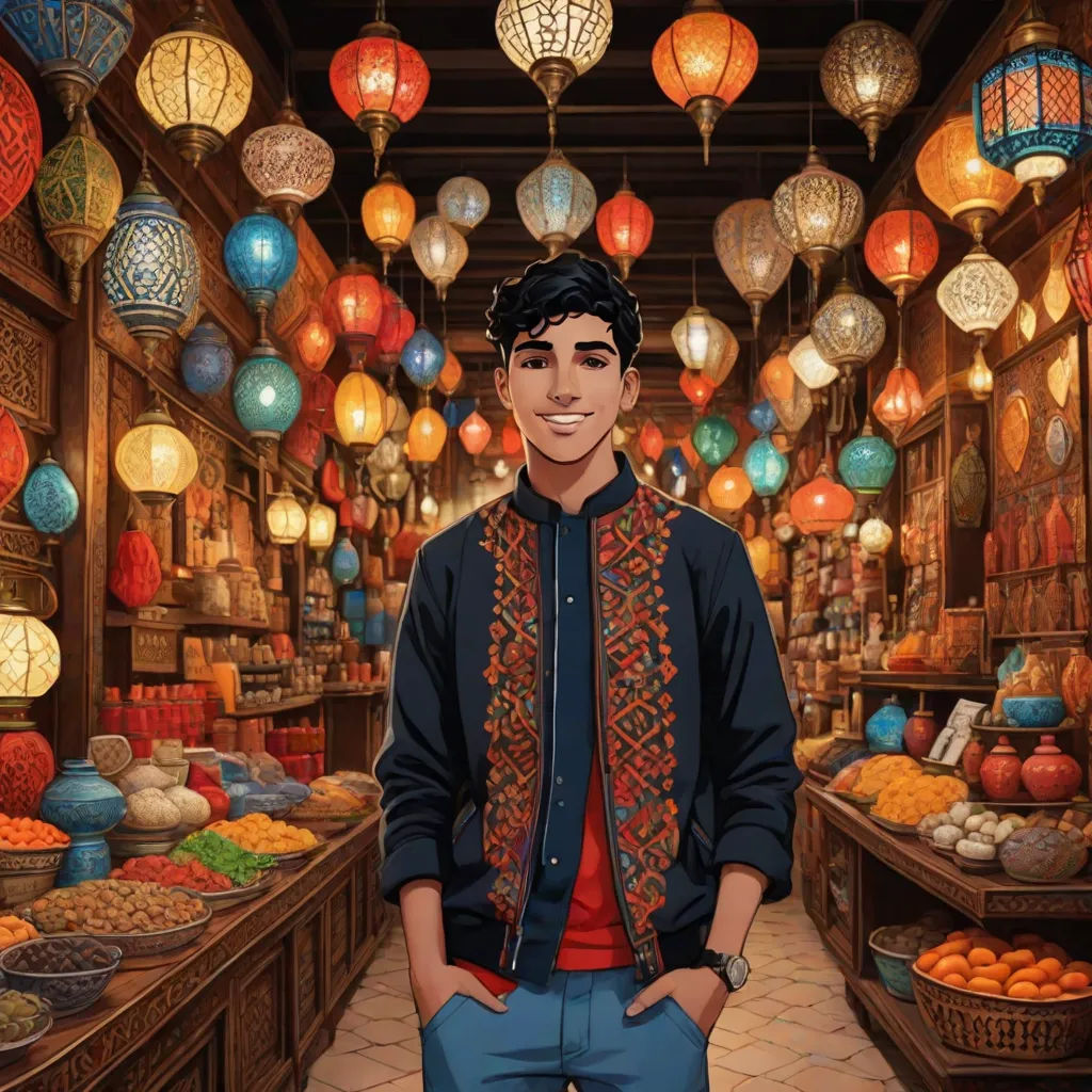 a man standing in a store with lots of lanterns hanging from the ceiling and a woman standing in front of him, Amir Zand, qajar art, a character portrait, official art