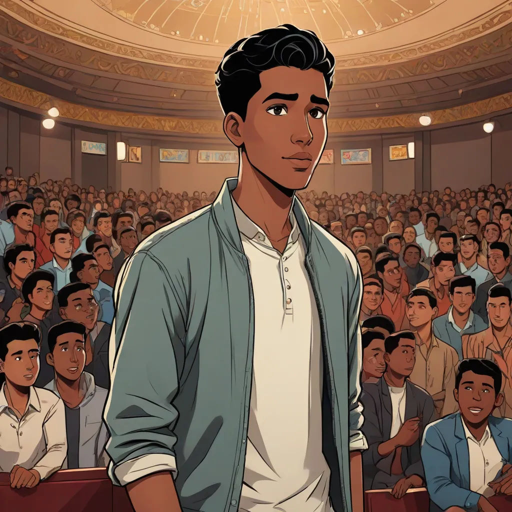 a man standing in front of a crowd of people in a theater with a microphone in his hand and a microphone in his other hand, Asaf Hanuka, harlem renaissance, a comic book panel, official art