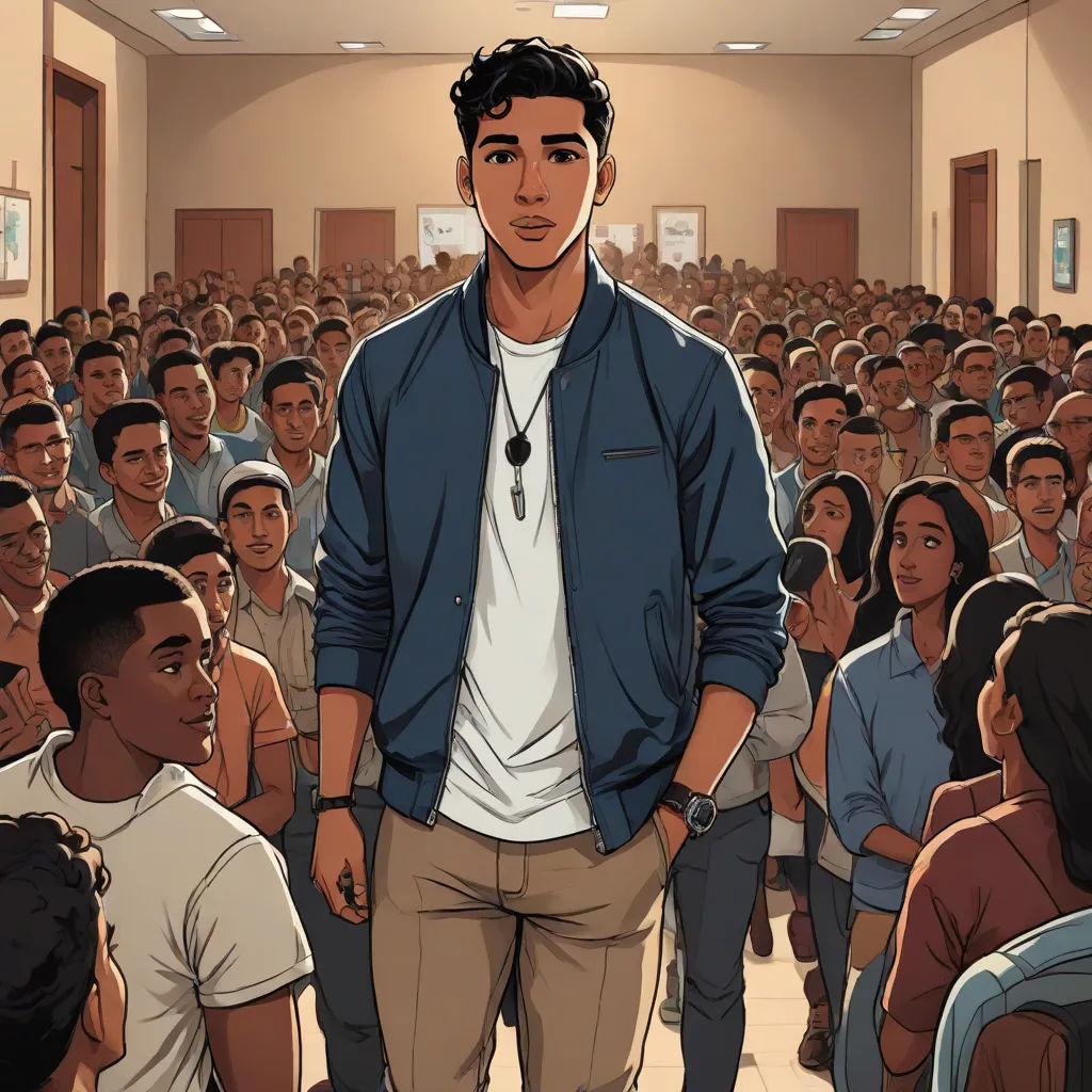 a man standing in front of a crowd of people in a room with a clock on the wall and a cartoon of him, Asaf Hanuka, institutional critique, a comic book panel, graphic novel