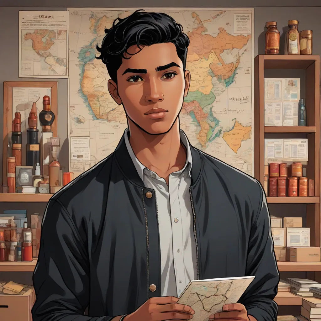 a man holding a paper in front of a map and a map of the world on a wall behind him, Everett Warner, sots art, a character portrait, official art