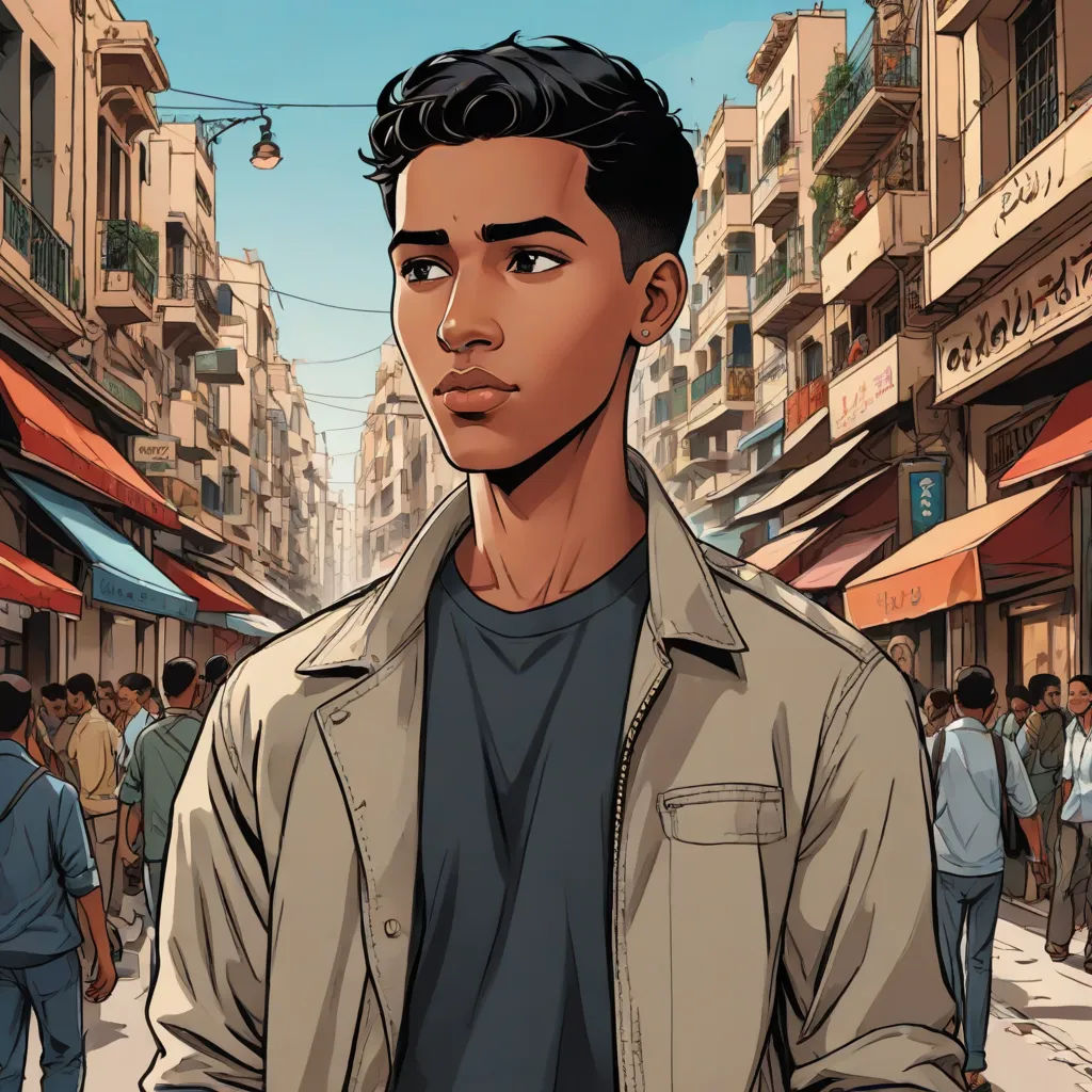 a man standing in a crowded street with buildings in the background and people walking around him in the foreground, Asaf Hanuka, hurufiyya, a comic book panel, graphic novel