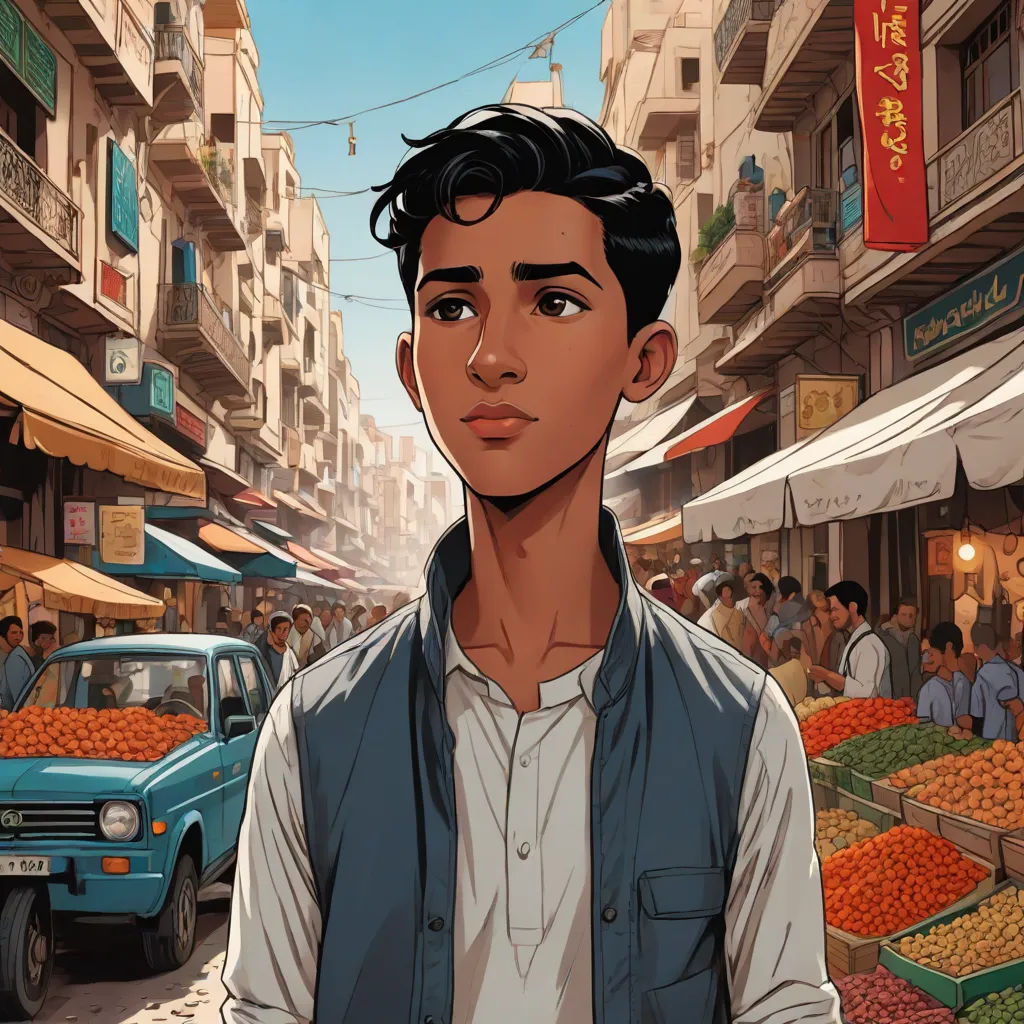 a man standing in front of a market filled with oranges and other produce items in a city street, Ahmed Karahisari, hurufiyya, a comic book panel, graphic novel
