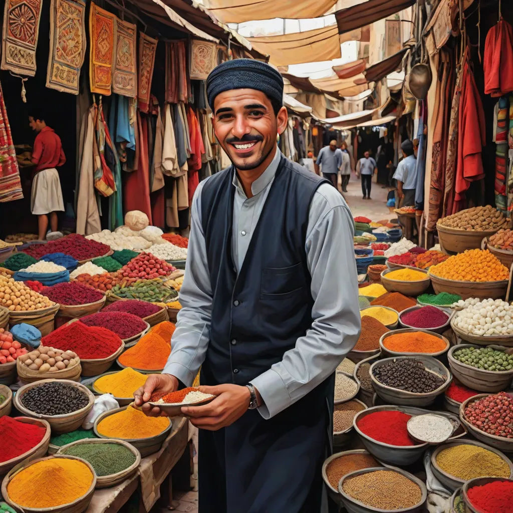 a man standing in a market with lots of bowls of food and spices in front of him and smiling, Farid Mansour, art & language, a colorized photo, award-winning photograph
