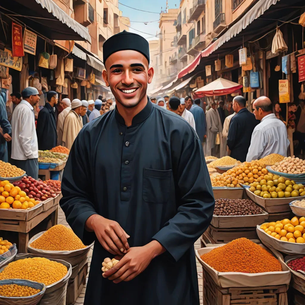 a man standing in front of a market filled with lots of fruit and vegetables and smiling for the camera, Brad Kunkle, photorealism, a hyperrealistic painting, highly detailed digital painting