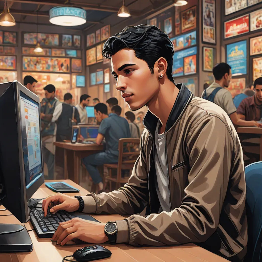 a man sitting at a computer in a store looking at the screen and working on his computer screen with a lot of people in the background, Artgerm, computer art, computer graphics, highly detailed digital painting
