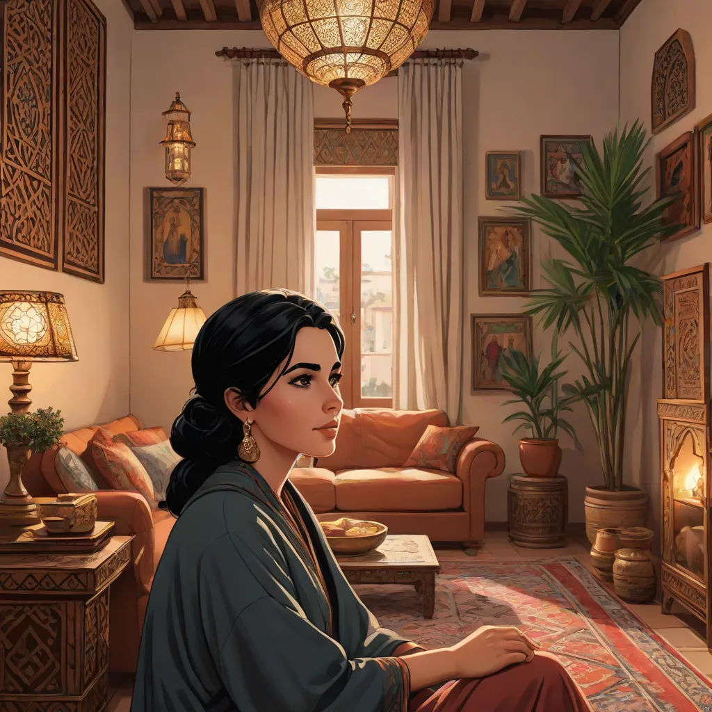 a woman sitting on a couch in a living room next to a window with a potted plant in it, Donato Giancola, qajar art, egyptian art, official art