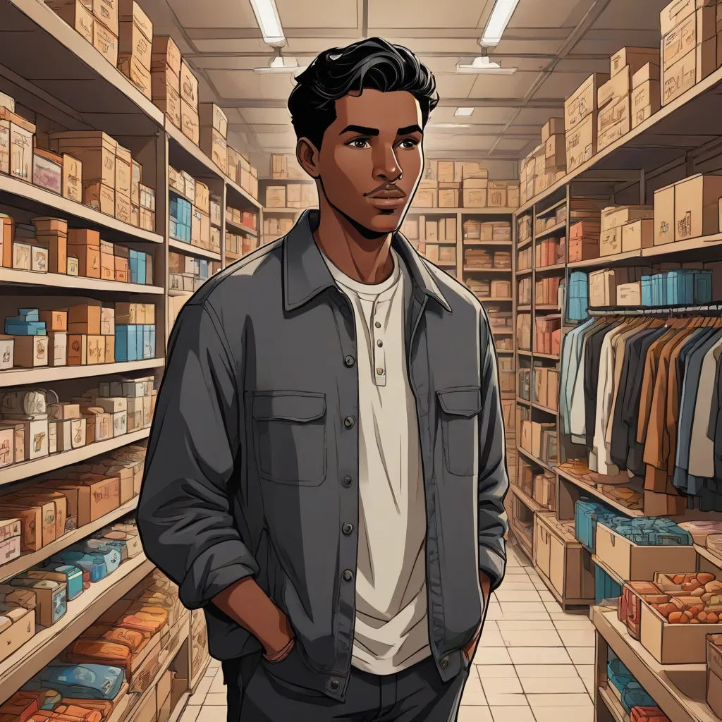 a man standing in a store with a lot of boxes on the shelves and shelves full of boxes on the shelves, Cedric Seaut (Keos Masons), harlem renaissance, a character portrait, character portrait