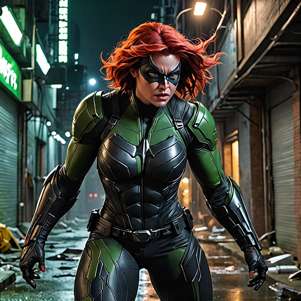 a woman in a green and black costume is standing in the rain in a city street at night with a flashlight, antipodeans, a comic book panel, Eve Ryder, promotional image