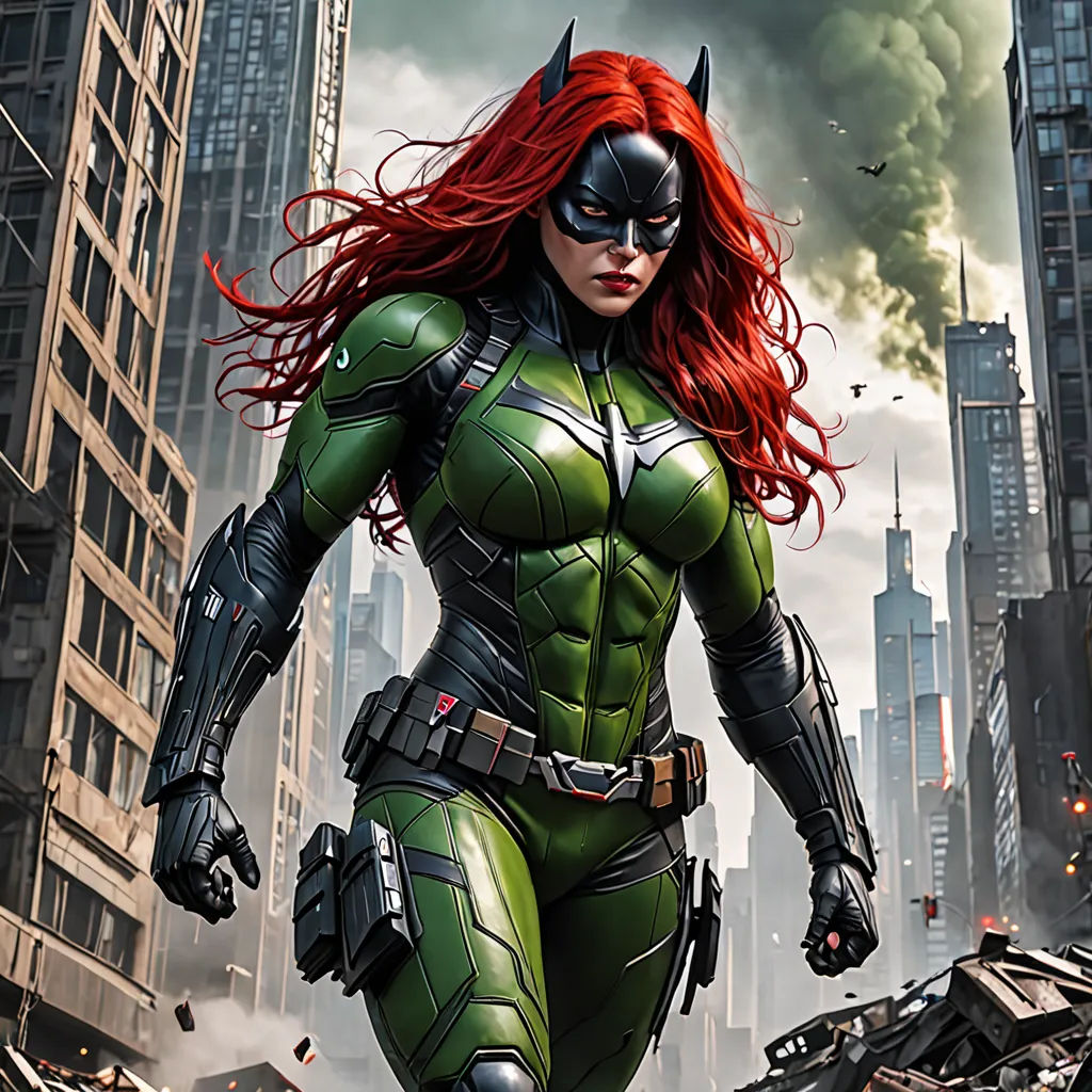 a woman in a green suit is running through a city street with a bat on her chest and a black mask on, photorealism, a comic book panel, Aleksi Briclot, marvel comics