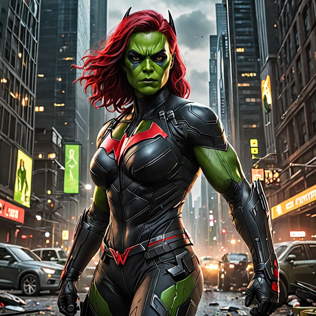 a woman in a costume is standing in the street in a city at night with a lot of traffic, rayonism, a digital rendering, Artgerm, key art