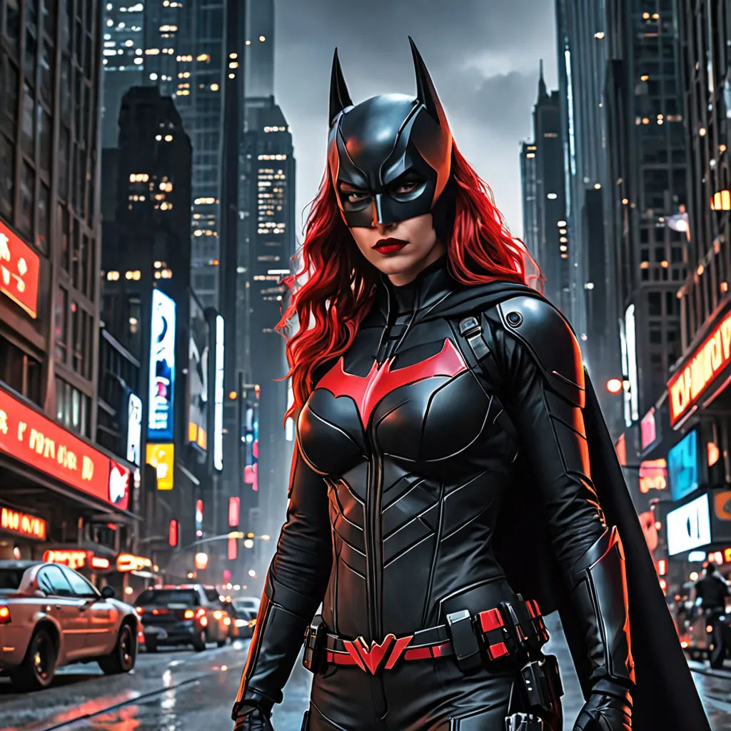 a woman dressed as a batgirl in a city street at night with a car and neon signs in the background, rayonism, a comic book panel, Artgerm, promotional image