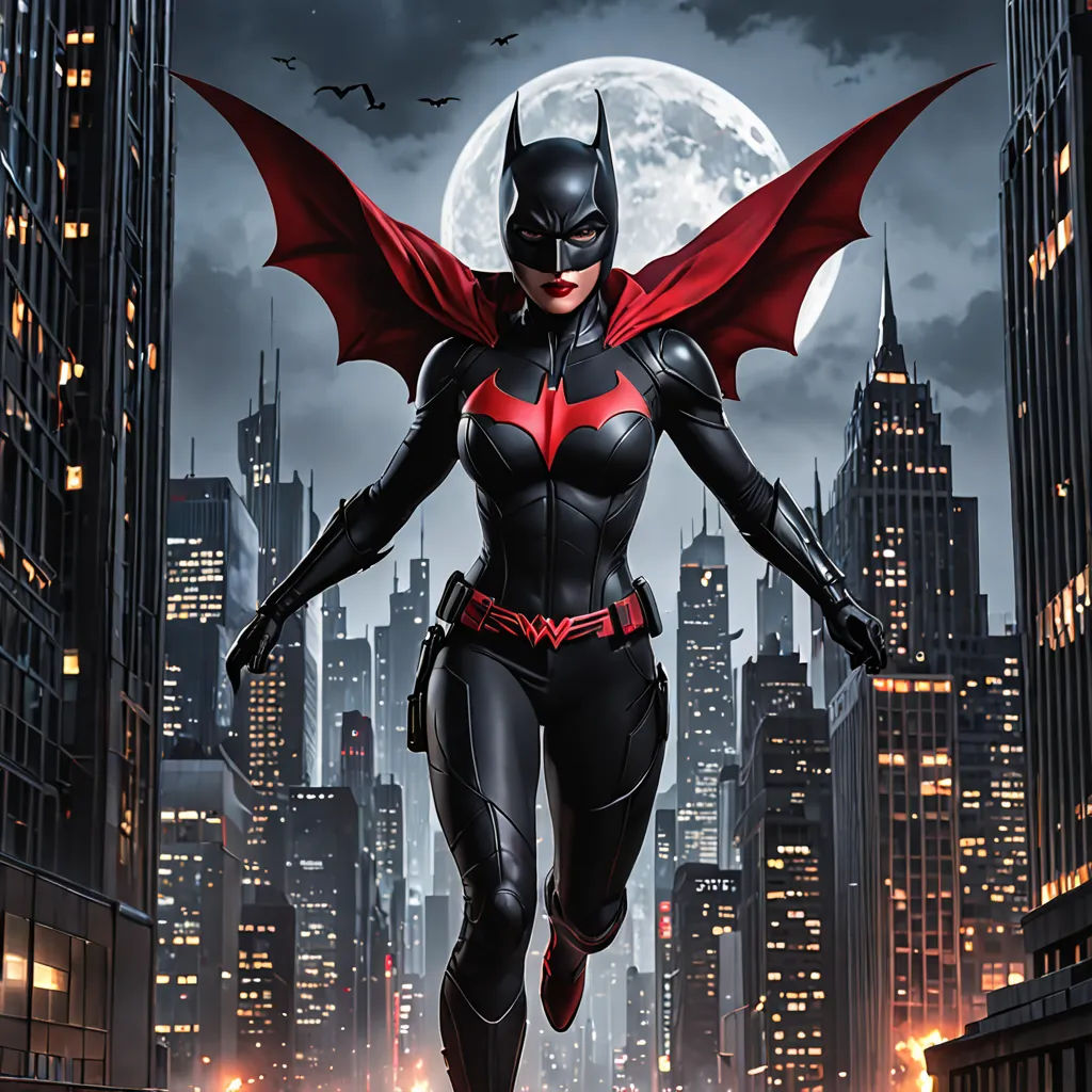 a woman in a bat suit is walking through the city at night with a full moon in the background, fantasy art, poster art, Artgerm, comic cover art