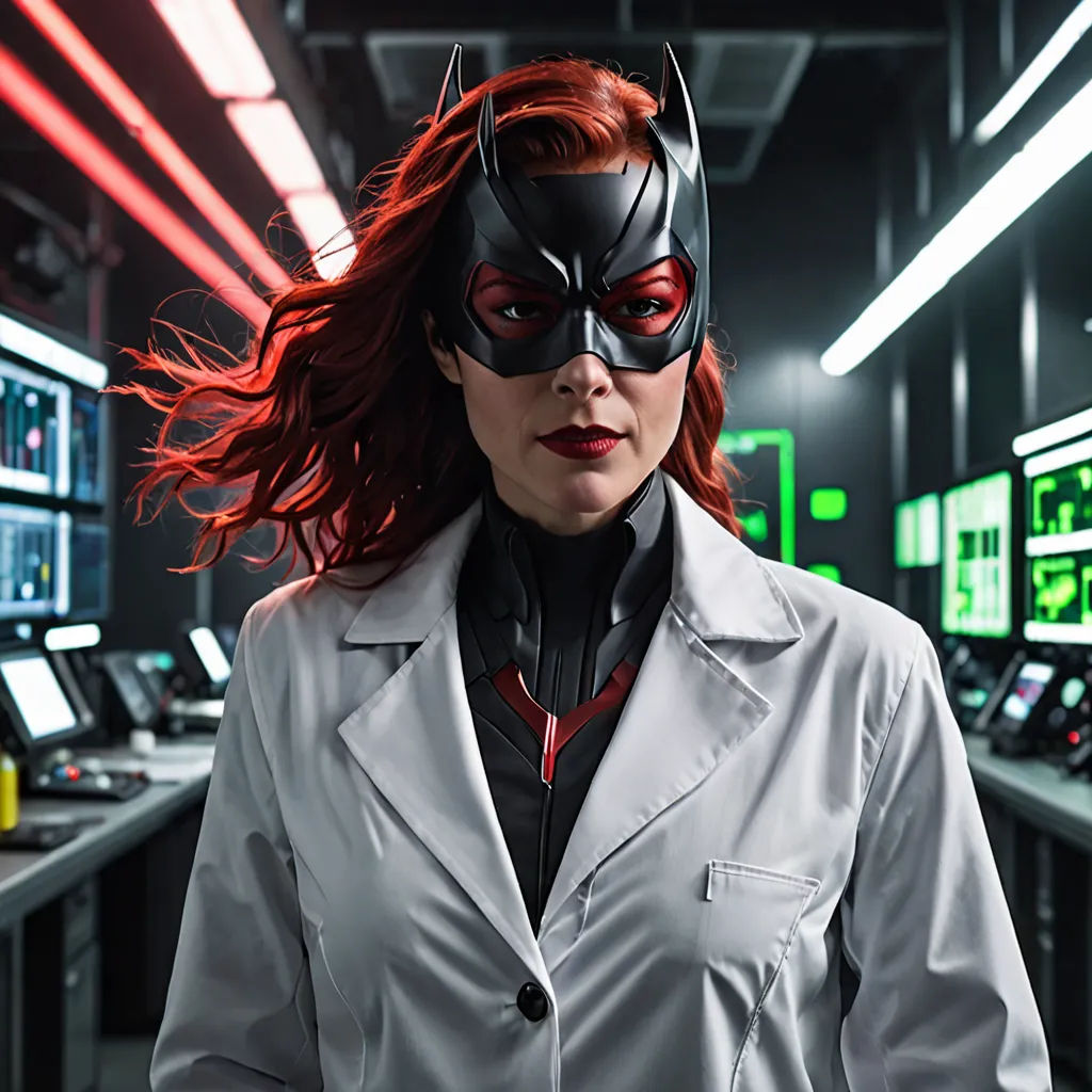 a woman in a suit and mask standing in a room with many computers on the walls and a red light, rayonism, a character portrait, Barbara Greg, promotional image