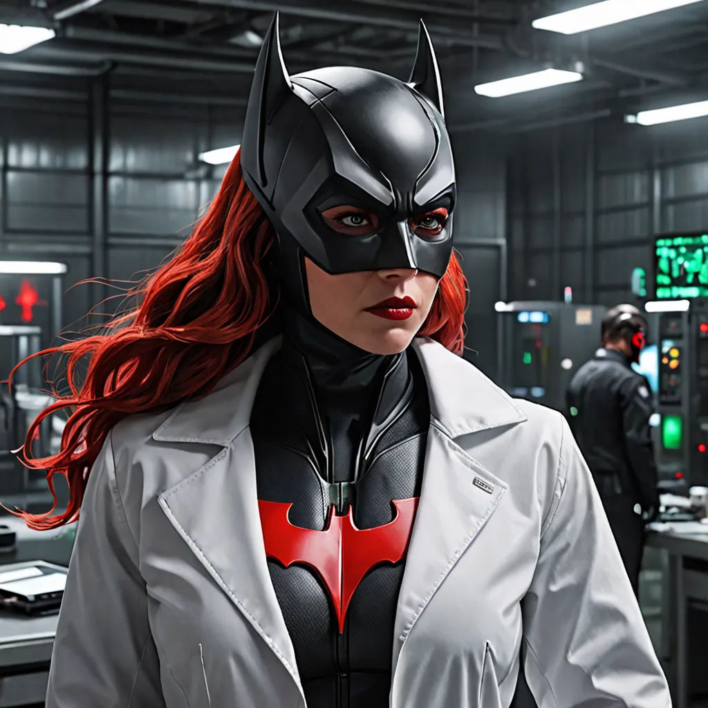 a woman dressed as batgirl in a building with other people in the background and a man in a suit, rayonism, a comic book panel, Artgerm, promotional image