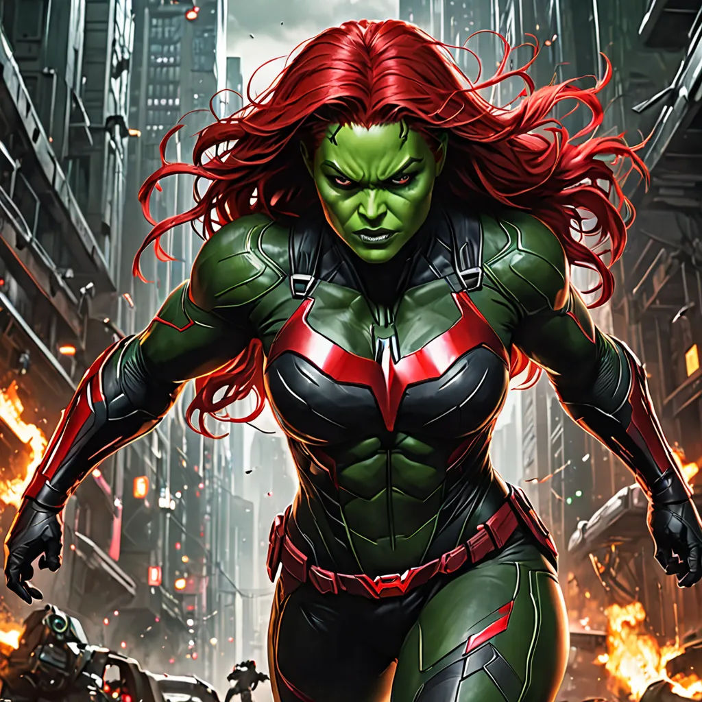 a woman in a green and red costume is running through a city street with fire coming from her hands, antipodeans, a comic book panel, Aleksi Briclot, marvel comics