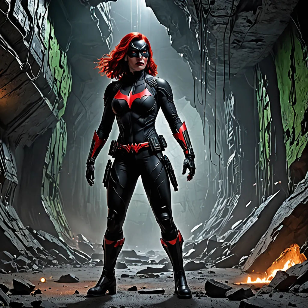 a woman in a black and red costume standing in a cave with flames in the background and a flashlight in her hand, rayonism, a comic book panel, Artgerm, official art