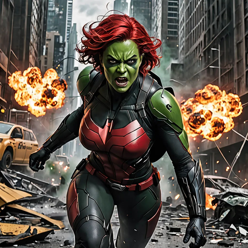 a woman in a green and red outfit running through a city street with a bunch of fireballs in her hand, antipodeans, a comic book panel, Aleksi Briclot, promotional image