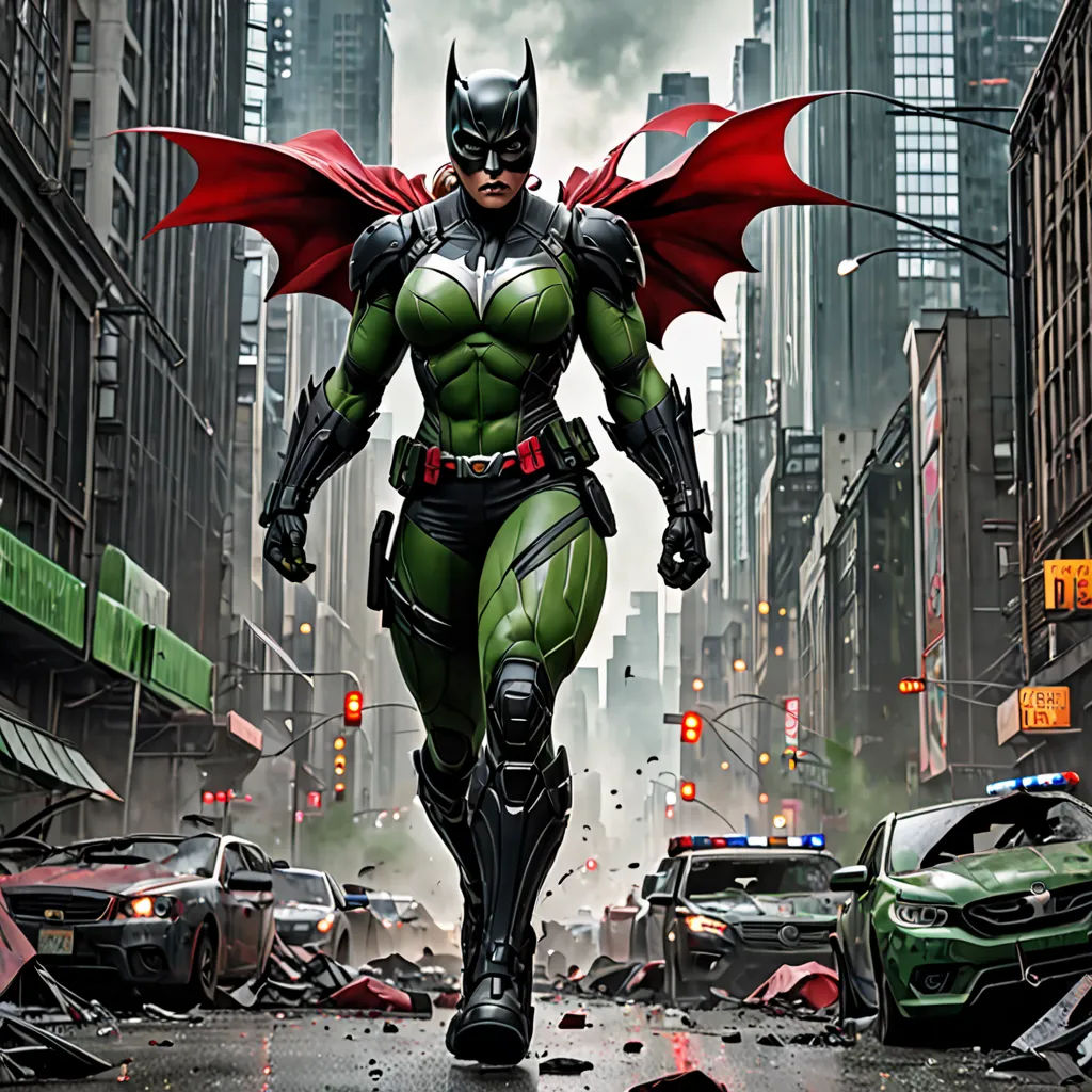 a man in a green suit walking down a street with a bat on his chest and a red cape on his head, photorealism, a comic book panel, Aleksi Briclot, promotional image