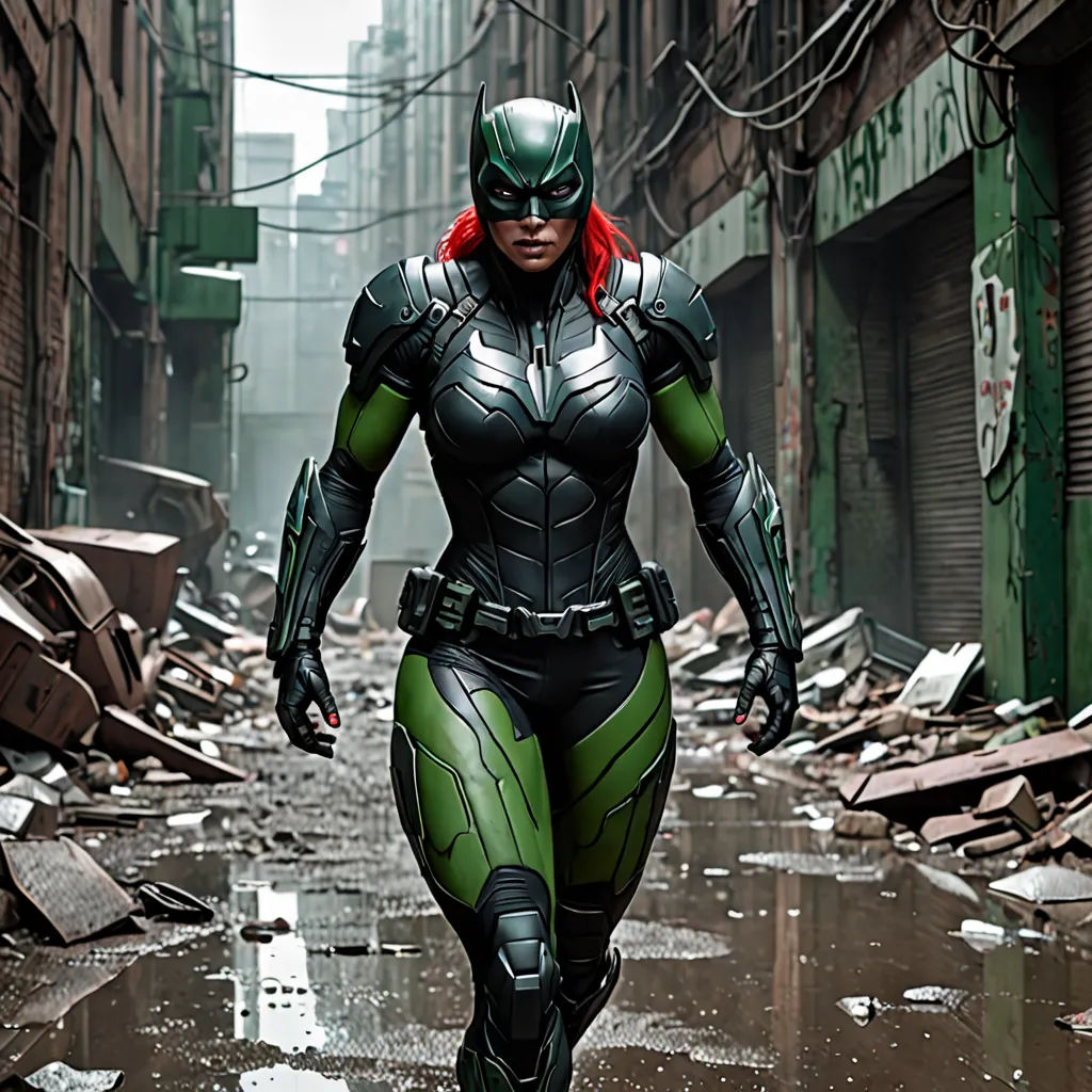 a woman in a green and black suit walking through a street with debris on the ground and buildings in the background, antipodeans, a comic book panel, Eve Ryder, promotional image