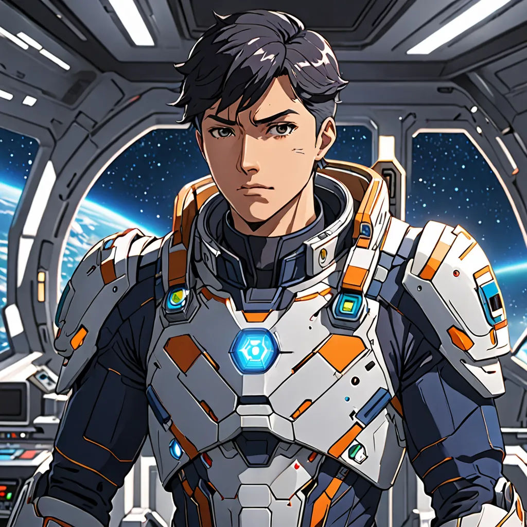 a man in a space suit standing in front of a window with a view of the earth in the background, space art, a character portrait, David Park, yukito kishiro