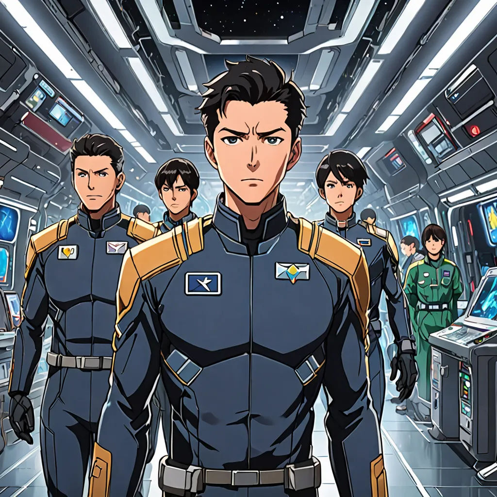 a group of men in uniform walking through a space station with monitors on the ceiling and a man in the center, sots art, poster art, An Gyeon, official art