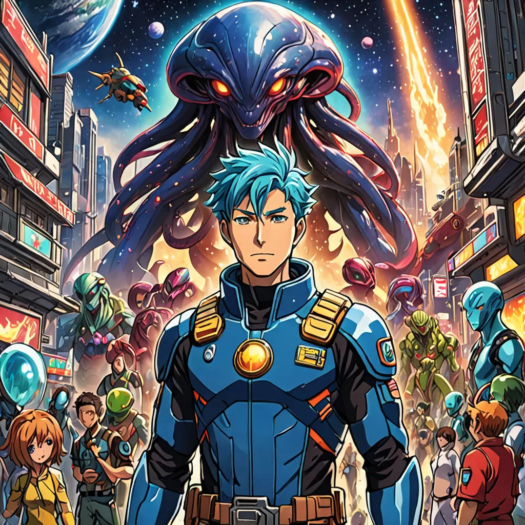 a man in a blue suit standing in front of a giant alien head with a group of people behind him, space art, poster art, Eizan Kikukawa, official art