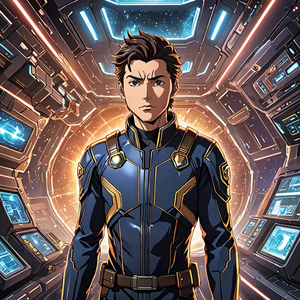 a man in a space suit standing in front of a tunnel of lights and screens with a sci - fi theme, sots art, a character portrait, Eizan Kikukawa, official art
