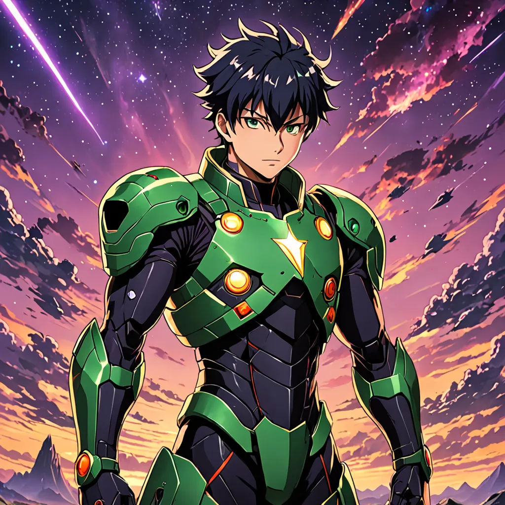 a man in a green suit standing in front of a purple sky with stars and a star filled sky, space art, a character portrait, Adam Manyoki, official art