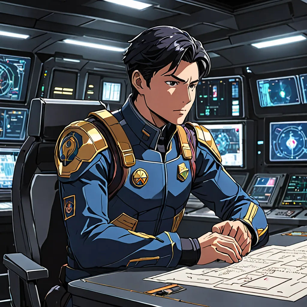 a man in uniform sitting at a desk in front of a computer monitor and keyboard in a control room, space art, a character portrait, Eizan Kikukawa, official art