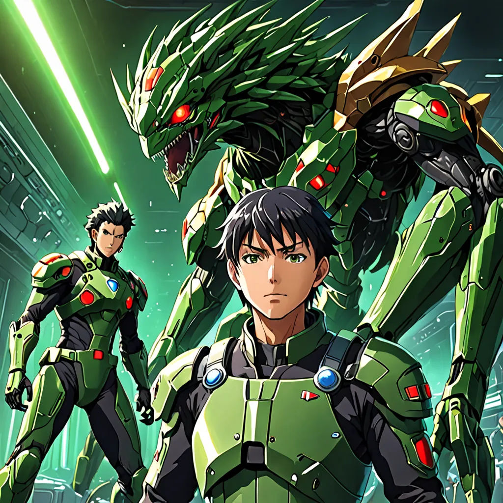 a group of people standing next to each other in front of a green monster like creature with red eyes, sots art, poster art, Eizan Kikukawa, anime key visual